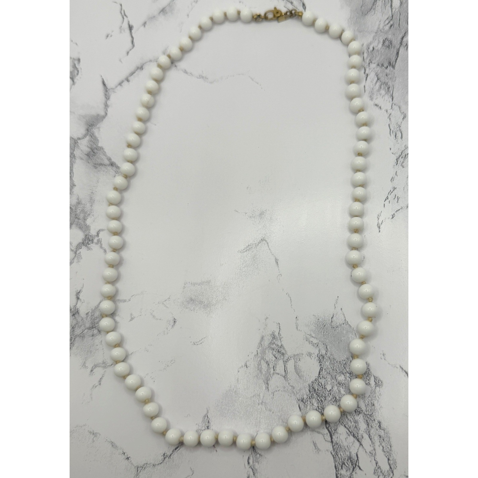 Monet White Glass Bead Necklace 18″ Hand Knotted 5.3mm Signed