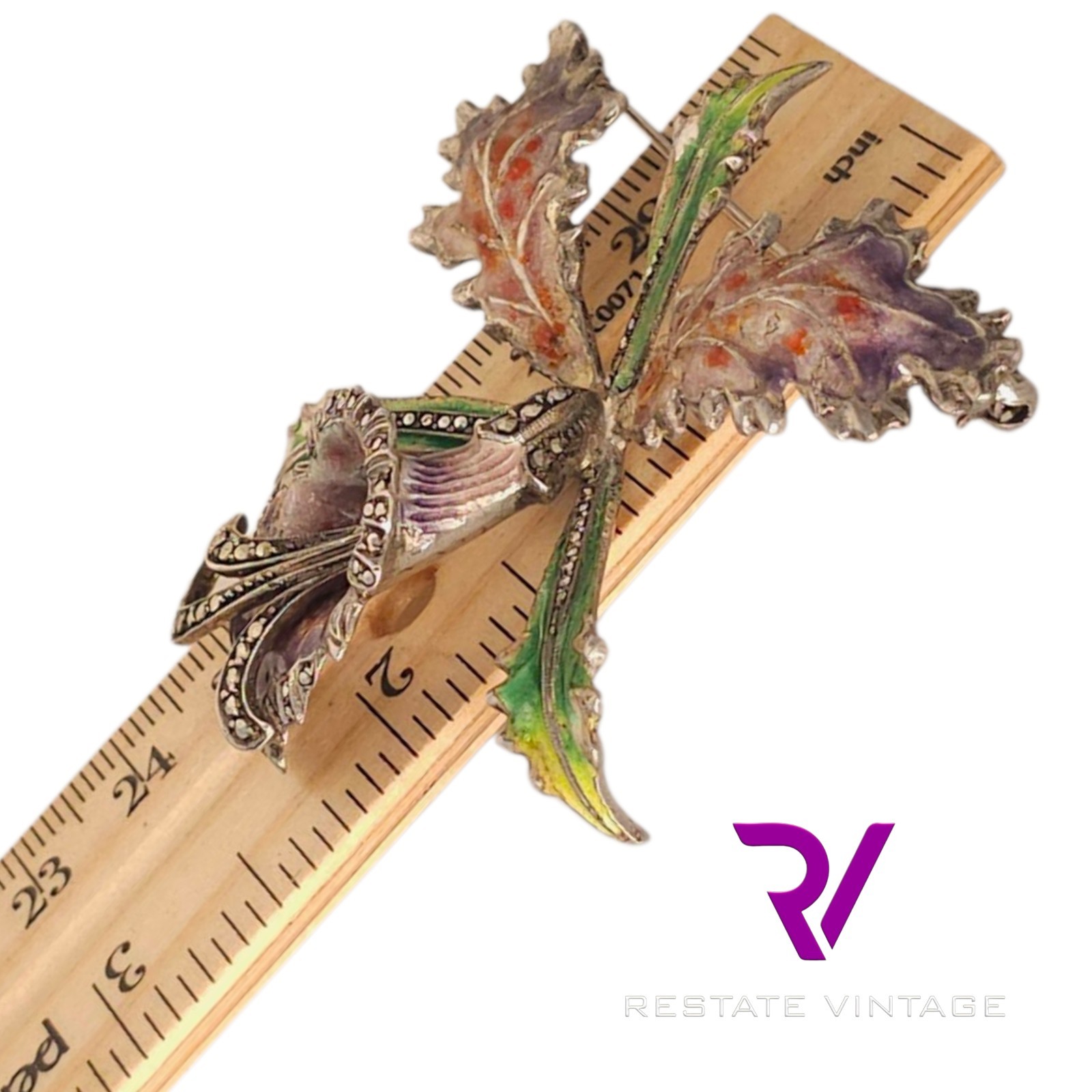 Vintage Orchid Germany Sterling 3d Intricate Enamel Marcasite Flower Brooch 2.25