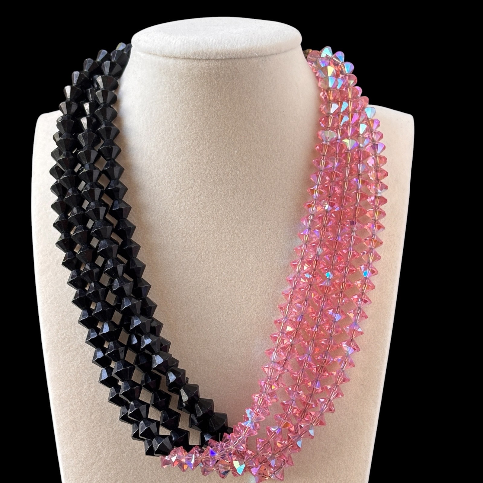 Vtg Multistrand Black and Pink Glass AB Crystal Torsade Necklace 15-17in