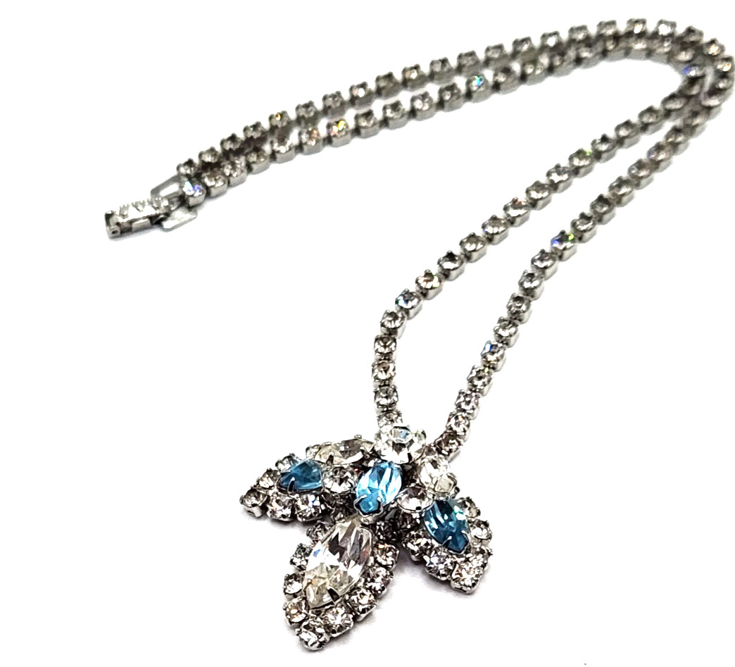 Blue White Silver Tennis Necklace 17 Inches Long Designer Rhinestone Vintage