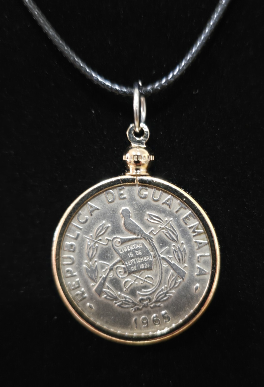 Coin Pendant Necklace Guatemala 1965 with Black Cord Vintage Jewelry Gift
