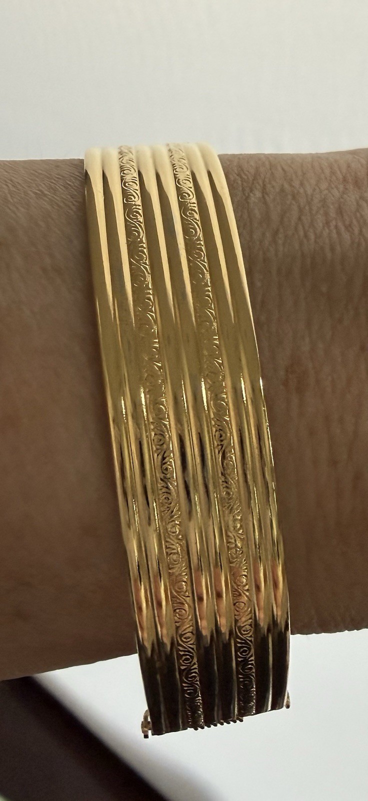 Vintage Monet M Gold Tone Bracelet Etch, And Ribbed With Hinge Opening
