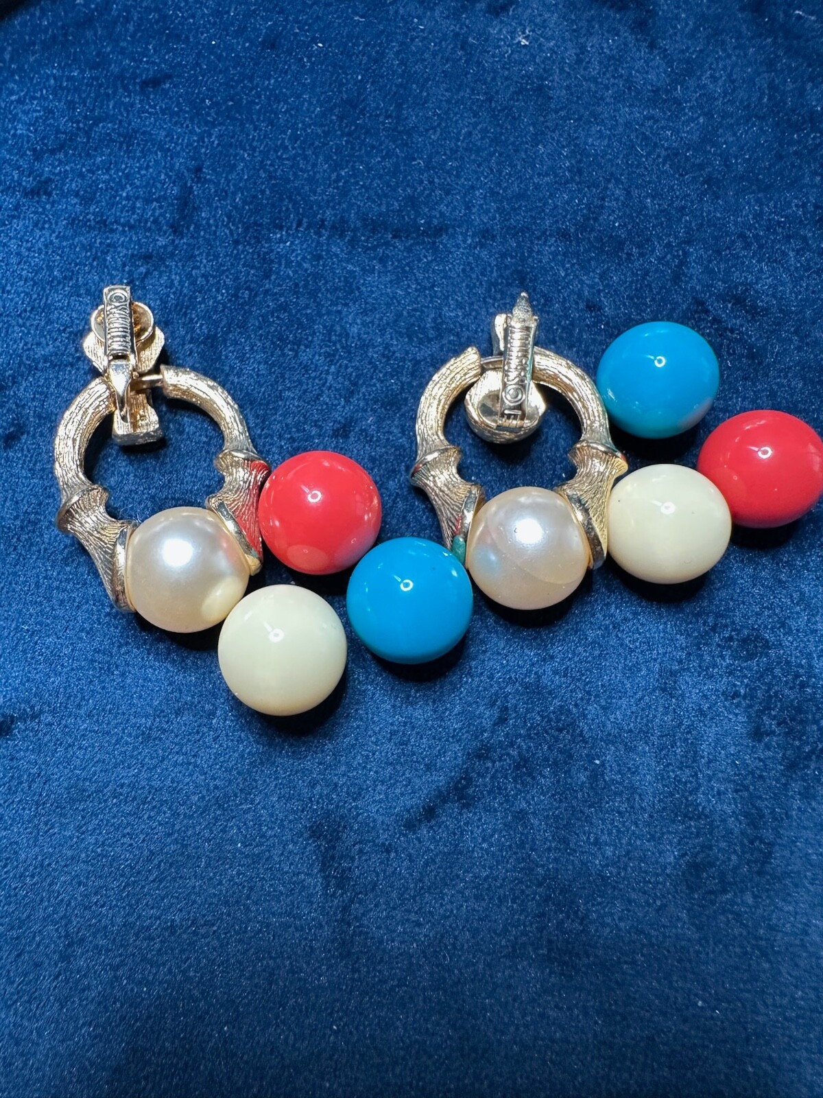 Sarah Coventry Vintage Interchangeable Bead Clip On Earrings Gold Tone Bamboo