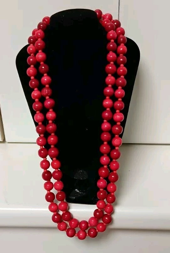 Vintage 135cm Red Carved Wooden & Glass Spacer 11mm Bead Necklace 76 grams