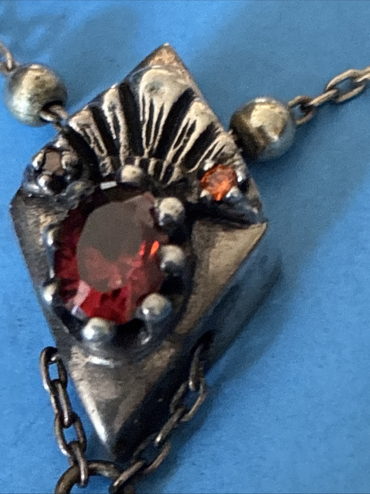 Antique Art Deco Sterling Silver Lavalier Red Garnet Pendant Necklace 17”