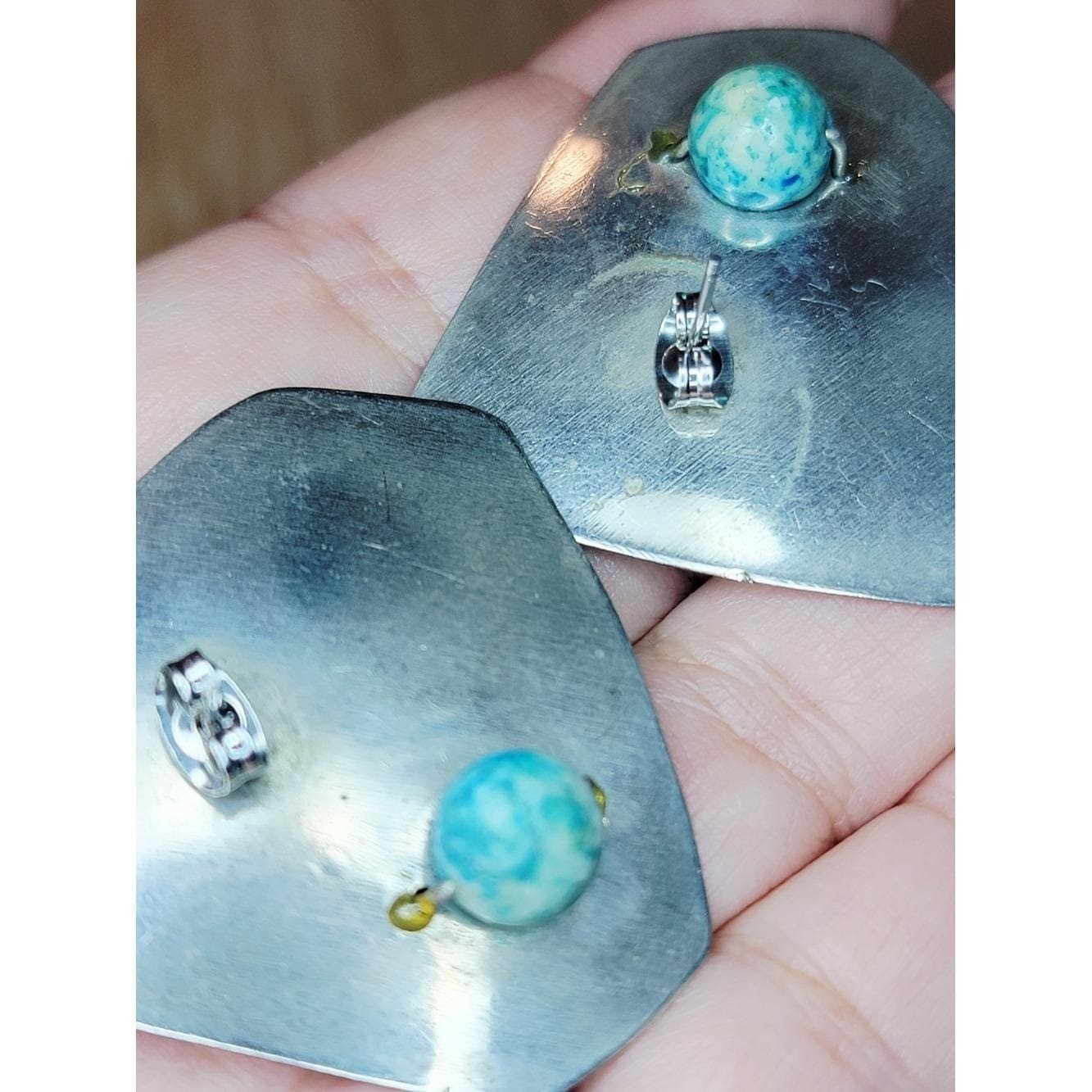 Vintage Modernist Turquoise Stud Earrings Large Geometric Silver Tone Statement