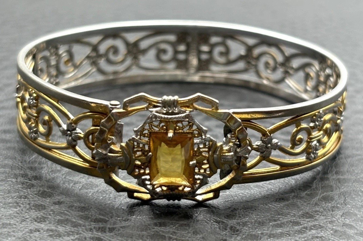 VTG Art Deco Hinge Clasp Bangle Bracelet Faux Citrine White Mfg Co Providence RI