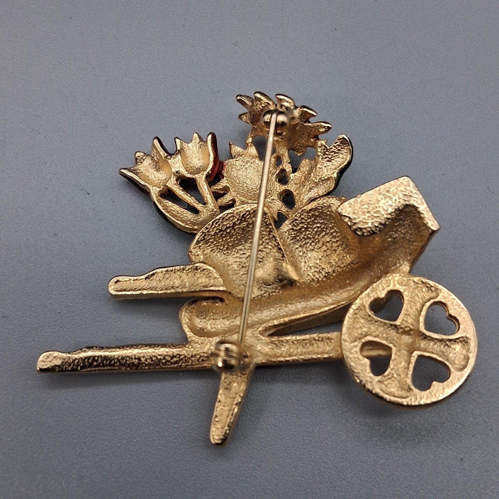 Vintage Gold Tone Enamel Wheelbarrow Brooch With Potted Sunflowers Red Tulip