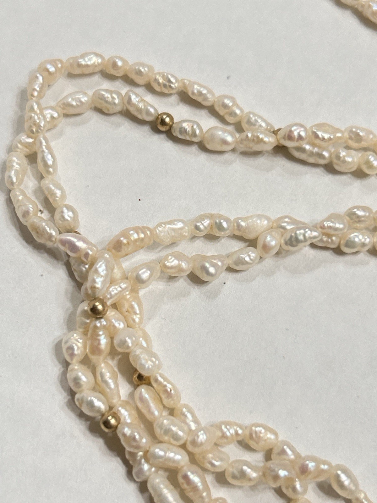 Long 56” Opera Length Necklace Rice Pearls & Gold Plated Beads, 2 Strand Twisted