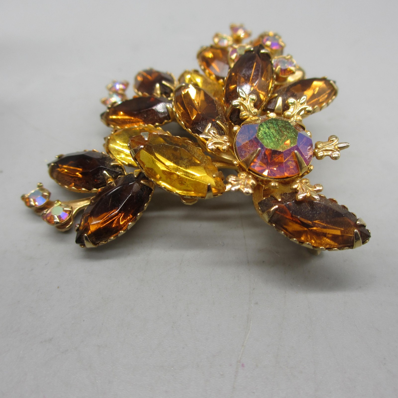 Vintage Rhinestone Brooch Navette AB Fall Colors Layered