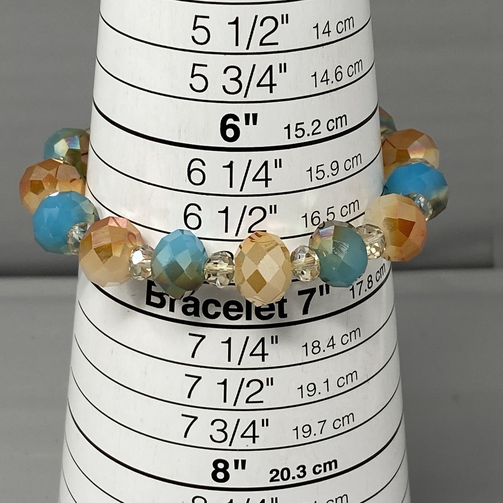 Glass Beaded Bracelet Blue Cream Gold Faceted Fire Polished Stretch Elastic 7″