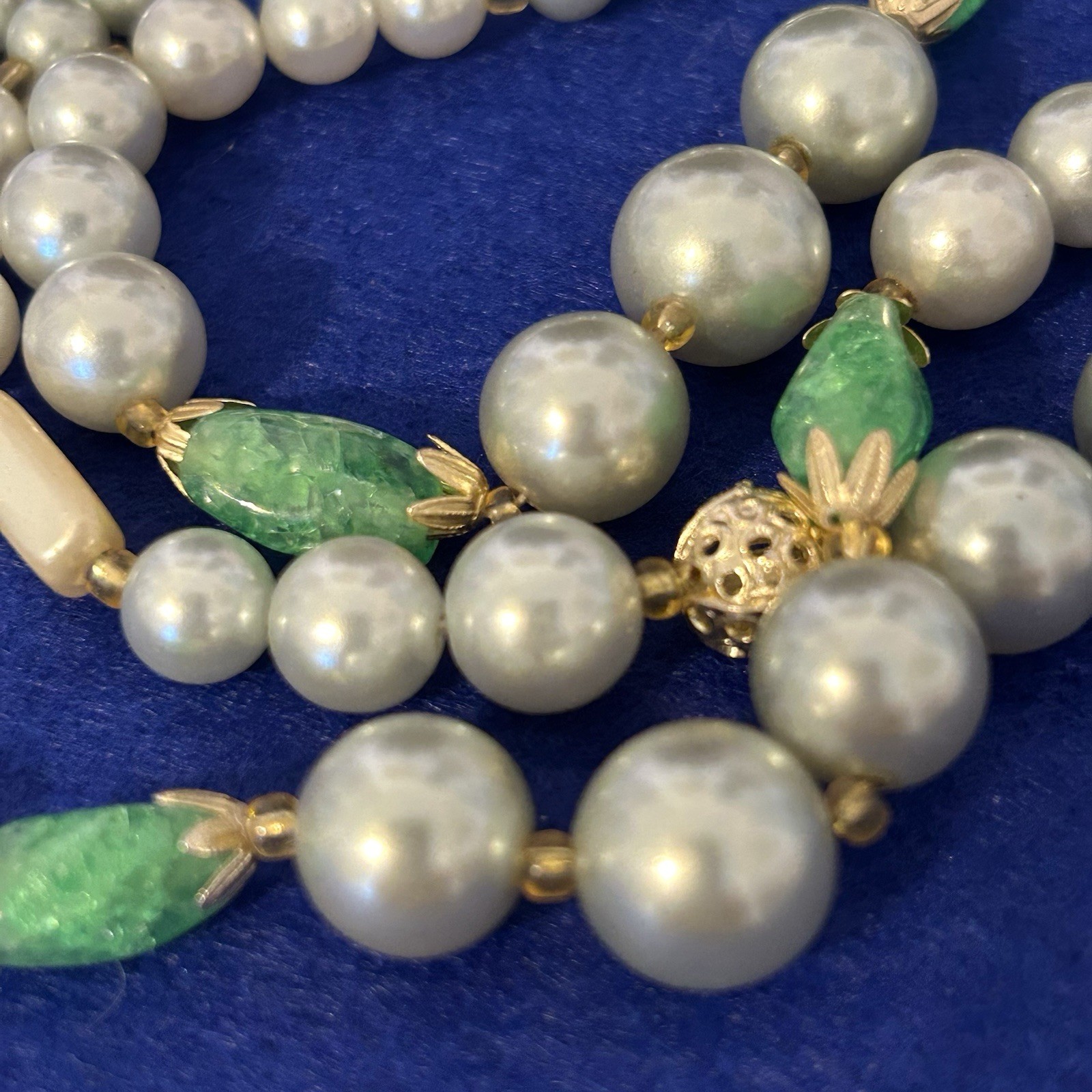 Vintage Beaded Necklace Japan Green Crackle Glass Kawaiicore Multi Strand 17”
