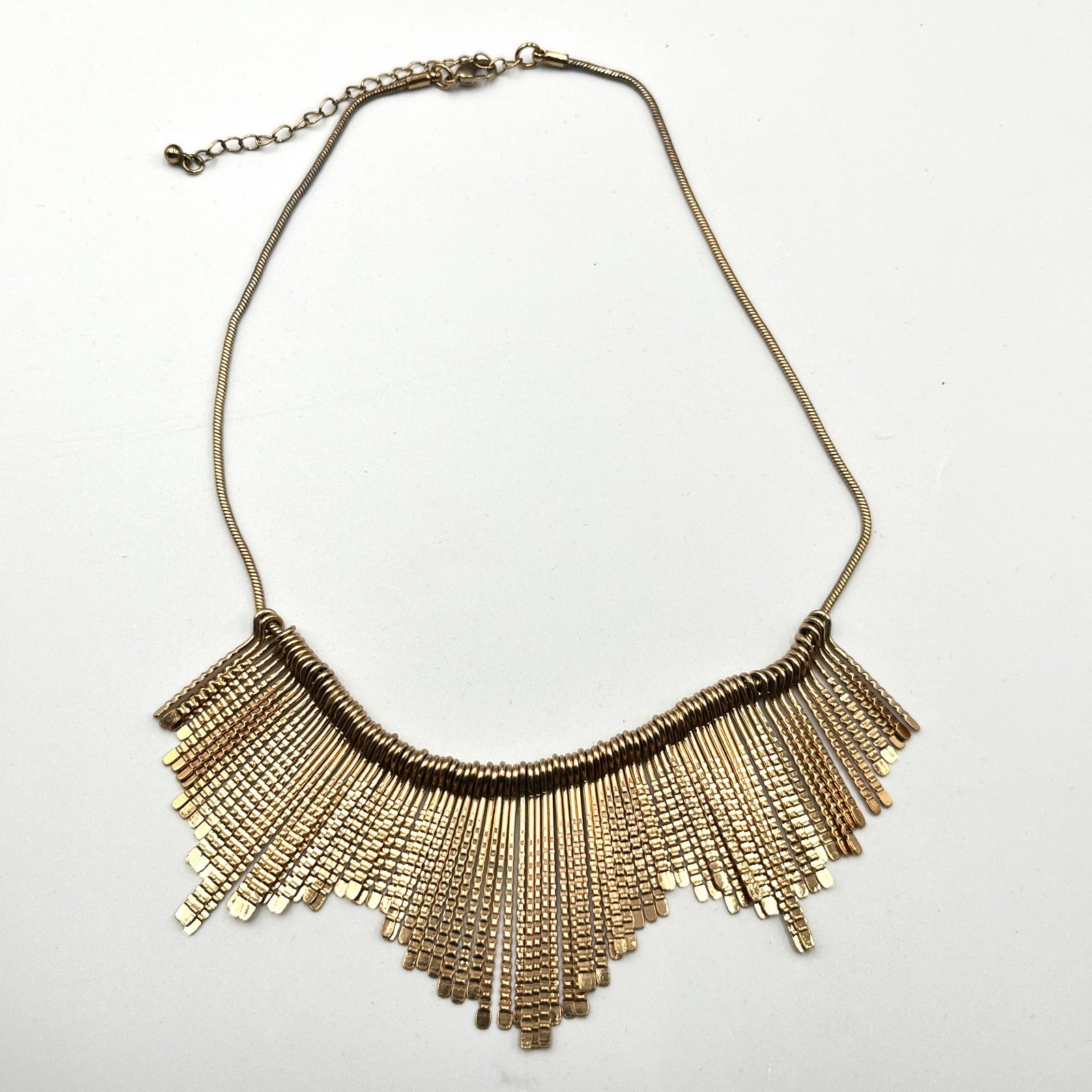Vintage Style Gold Tone Fringe Bib Necklace, Textured Bar Drop Statement Jewelry
