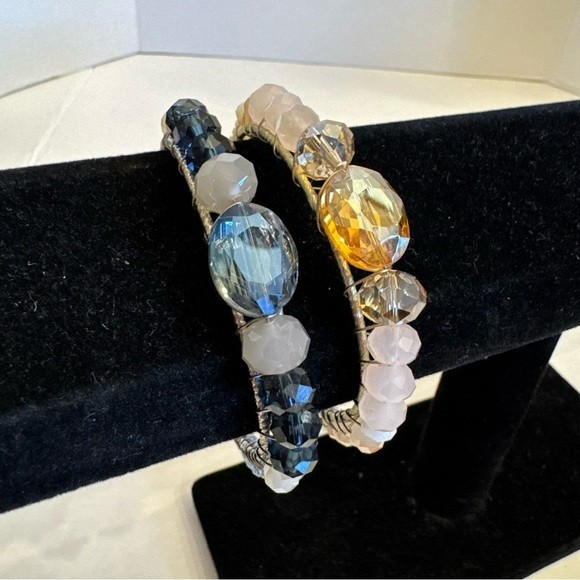 LOT of 2 AB Faceted Crystal Cuff Bracelets Pink and Blue Jewelry Bundle
