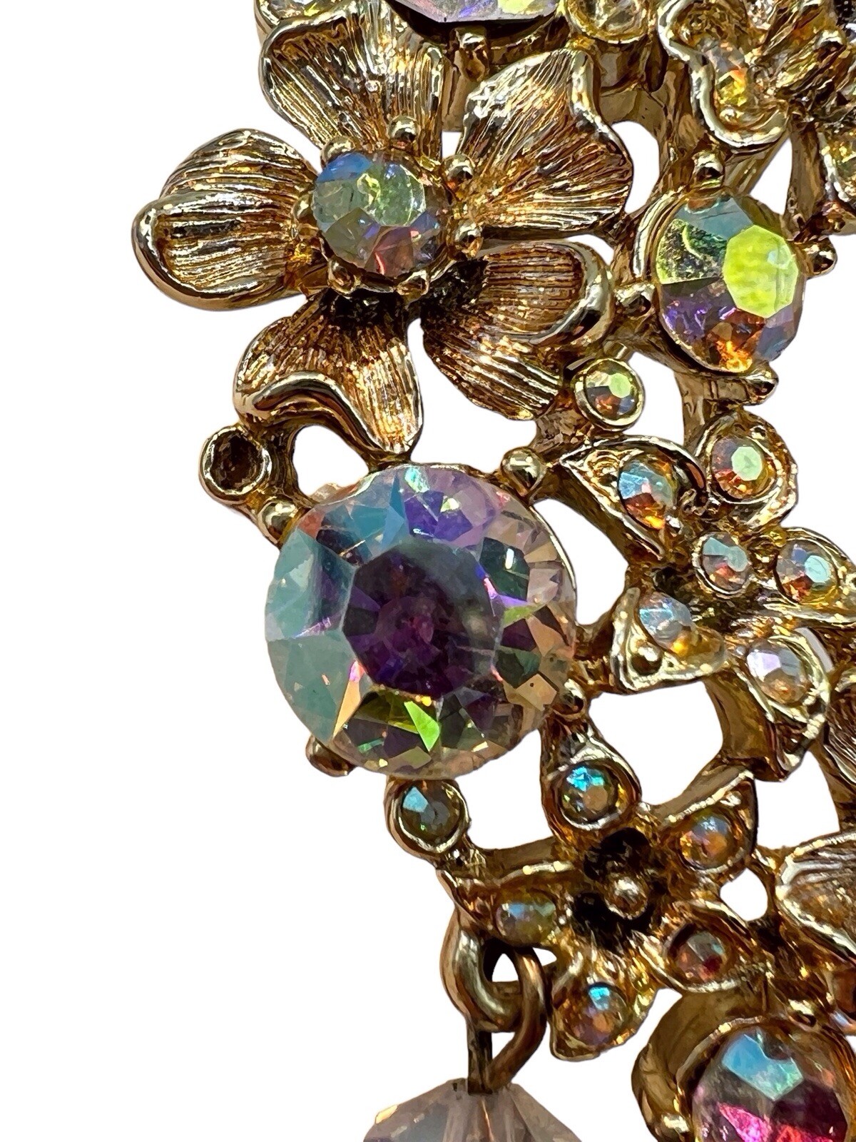 Crescent AB Rhinestone Brooch Floral Swag Dangle Bead Gold Tone Mid Cent READ B3