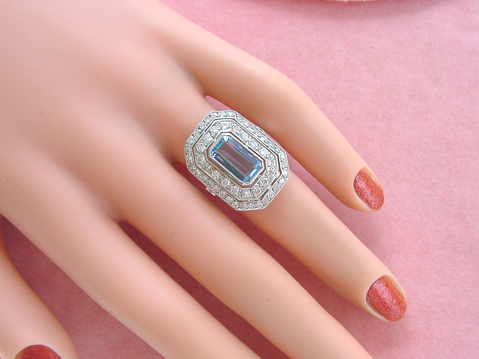 ESTATE DECO 1.55ct AQUAMARINE 1ctw OLD DIAMOND PLATINUM COCKTAIL RIGHT-HAND RING