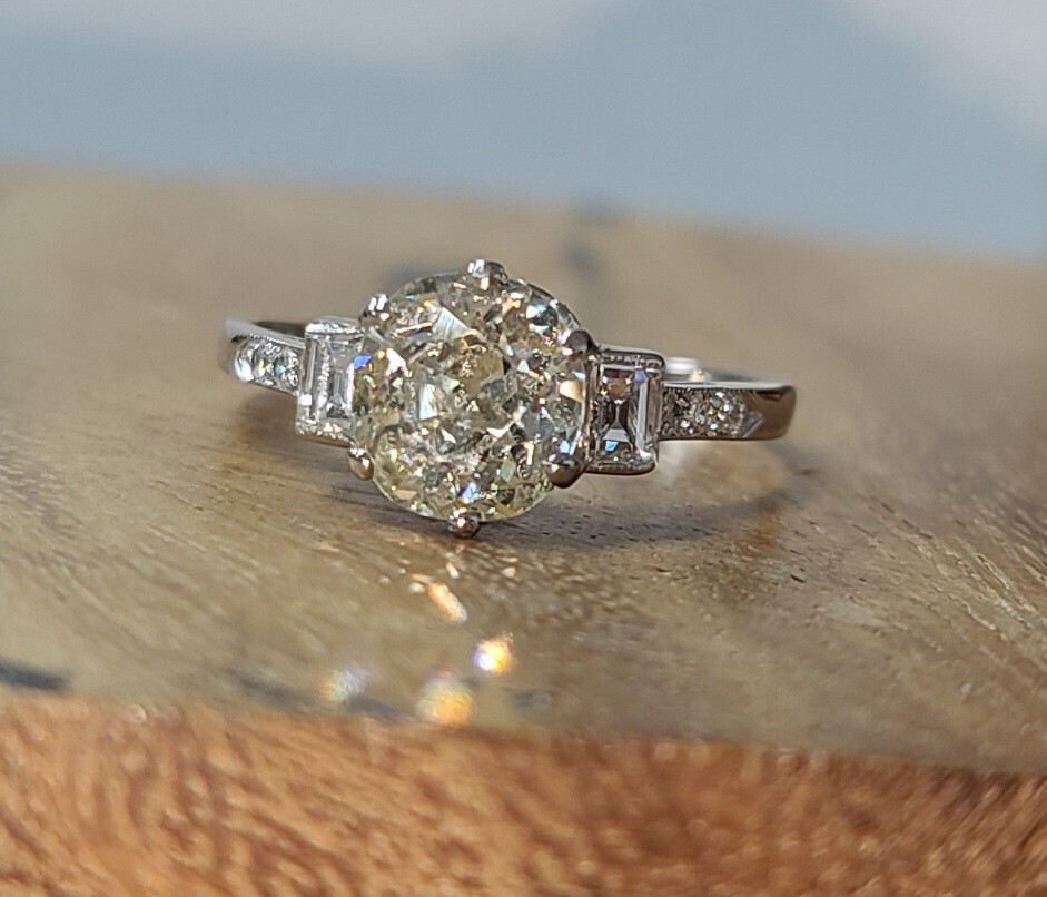 Platinum Vintage Engagement Ring 1.52ct. Natural Old Euro Cut Round Diamond