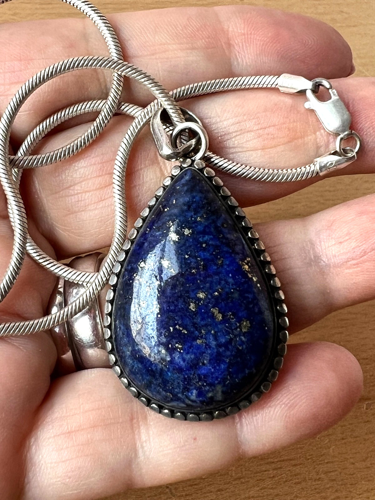 VINTAGE LARGE LAPIS LAZULI PENDANT THICK SNAKE CHAIN NECKLACE 925 STERLING SLVER