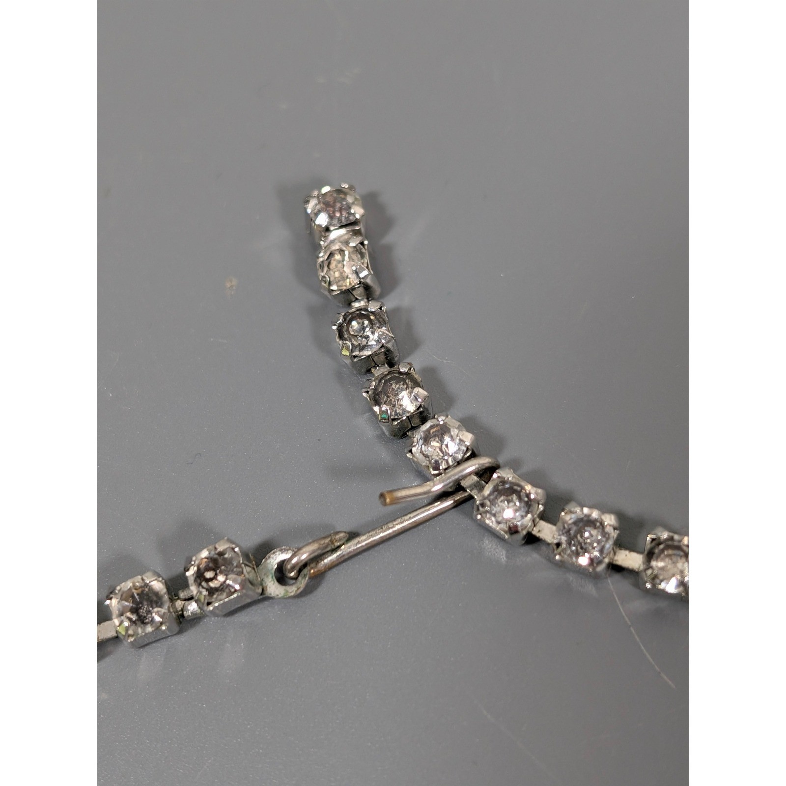 Vintage Black Clear Rhinestone Choker Necklace Silver Tone Bib Statement 15″