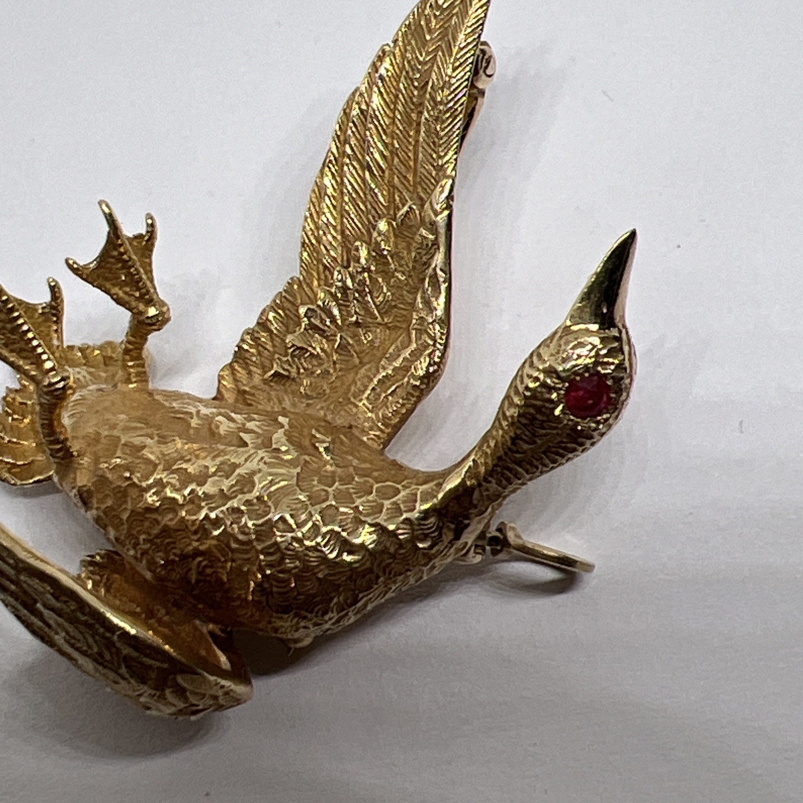 Vintage 14K Gold Mallard Duck Brooch Pendant 12.4g Ruby Eye Convertible