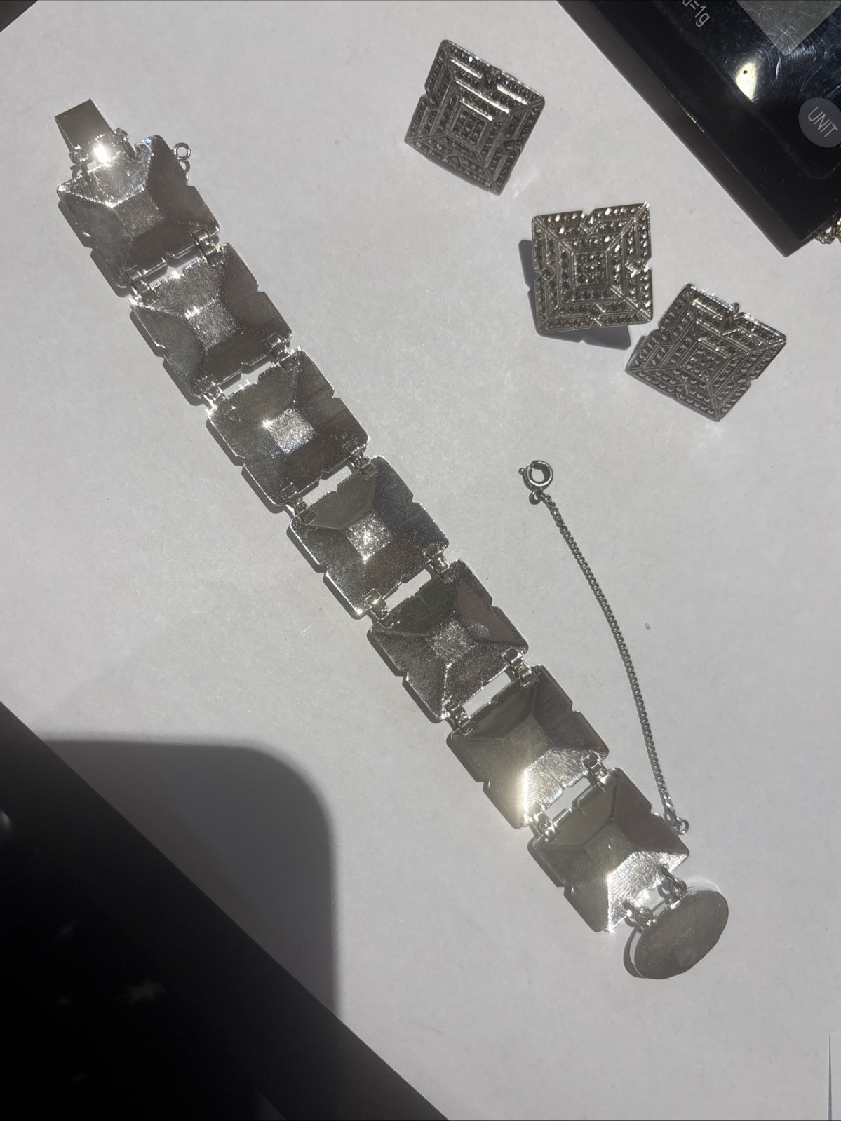 Vintage Art Deco Sterling Marcasite Bracelet & Ring & Earrings Set 64 Grams