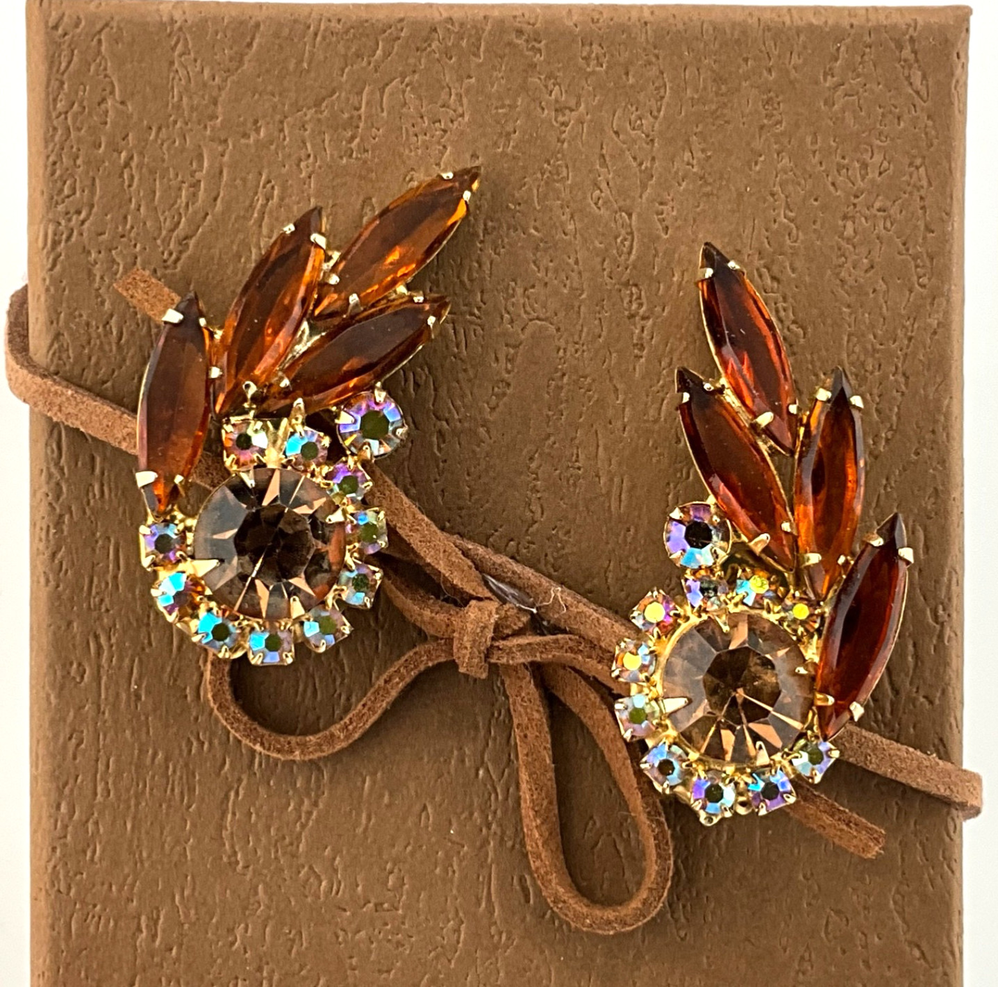 Vintage Mid Century Modern Crystal Clip Earrings Amber Navette Aurora Borealis