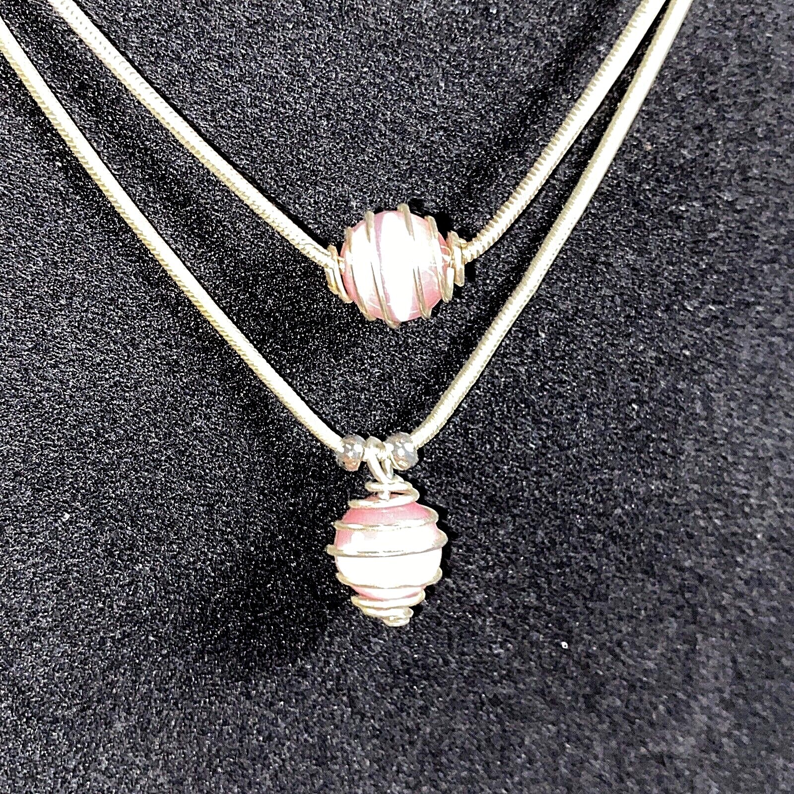 Slver Tone double Snake Chain & Wire wrapped Pink Moonglow Pink Glass Beads 18″