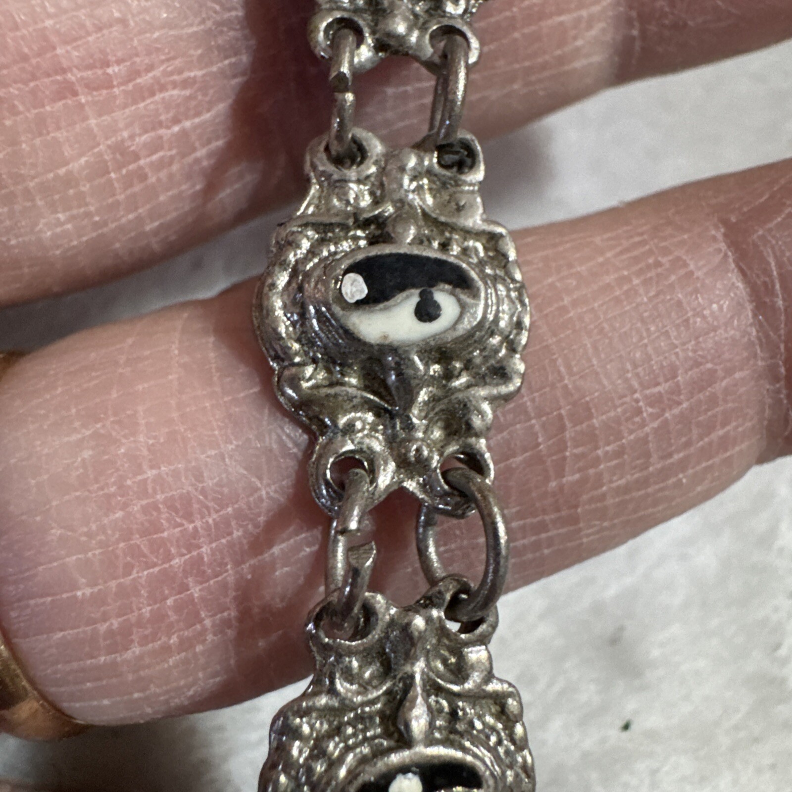 Vintage Slver Colored Metal Bracelet W/ Yin Yang Symbols in Enamel L 7.5″ W 0.5″