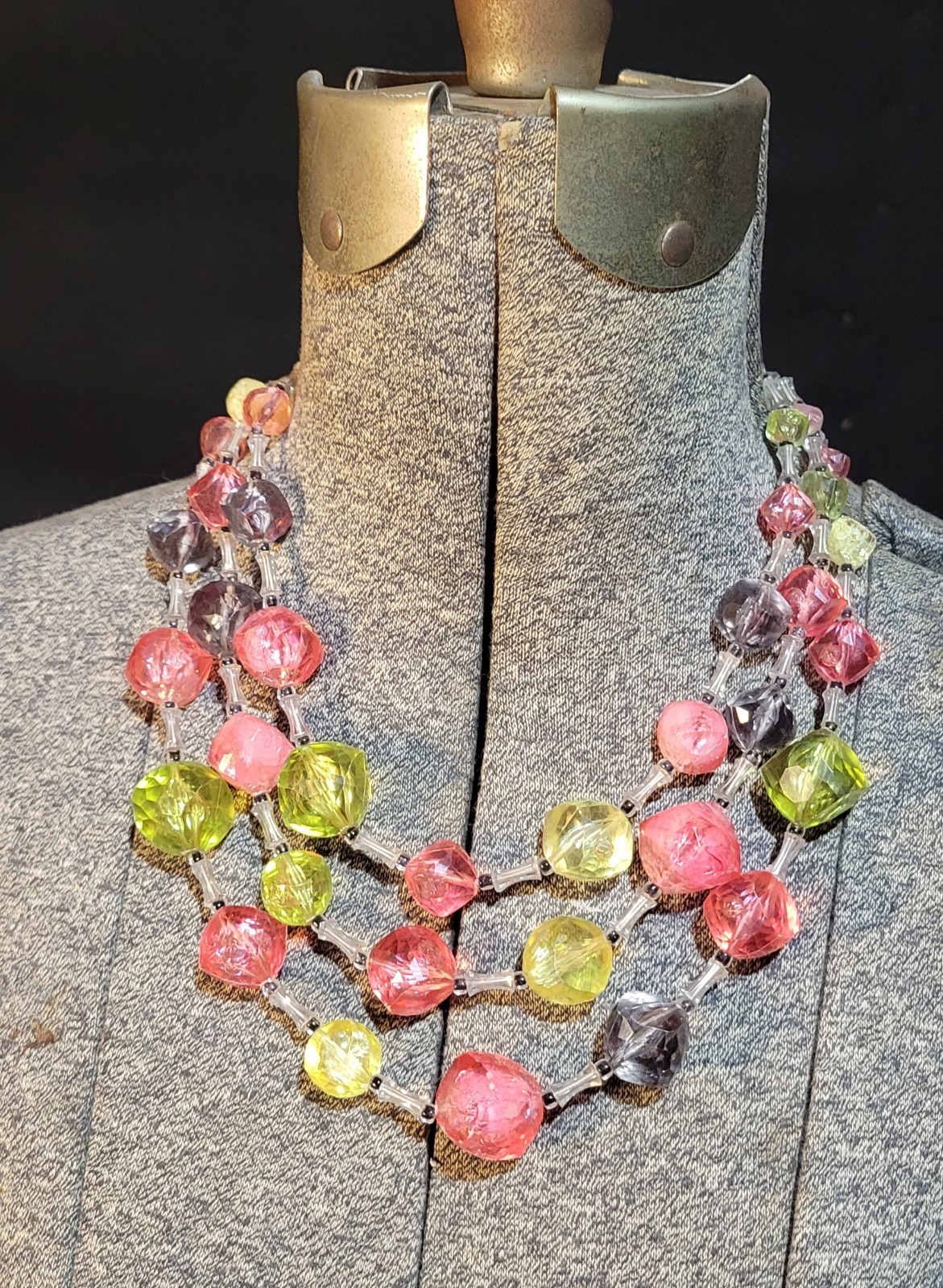 Vintage W. Germany Pink Lime Green Lucite Plastic Triple Strand Choker Necklace