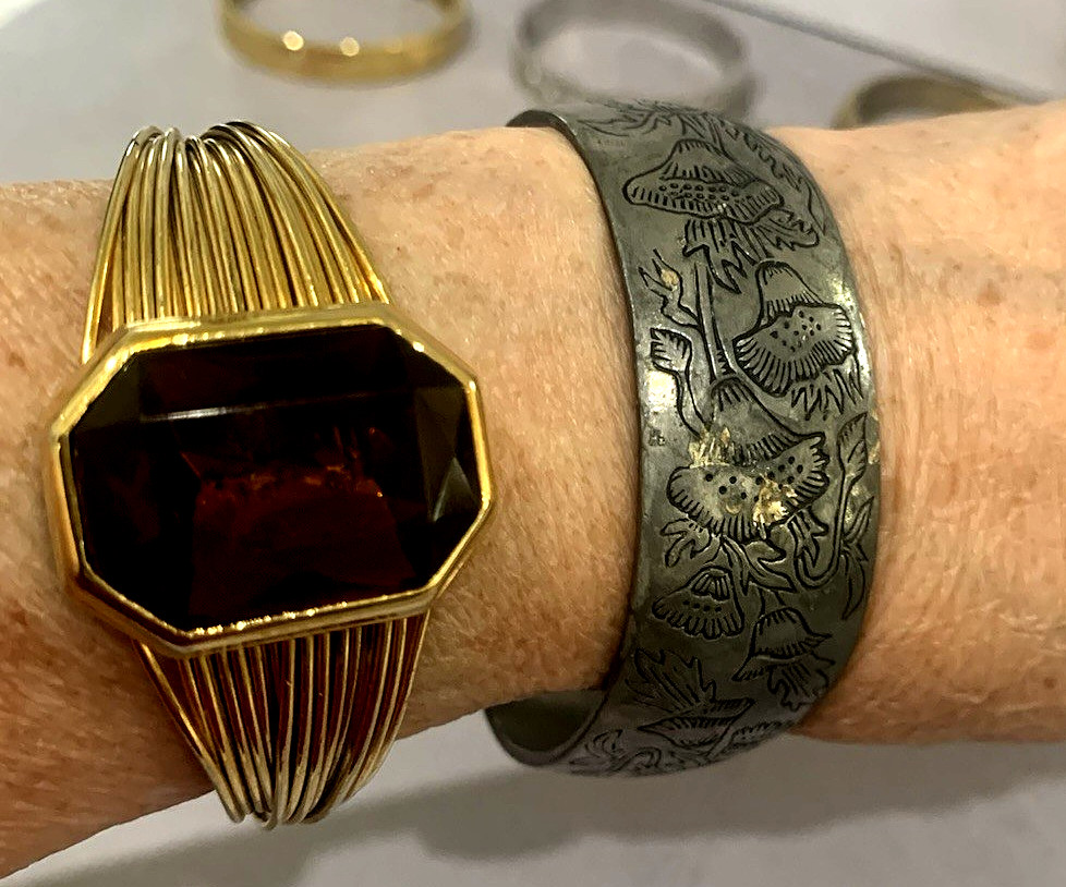 Lot of 9 1980’s Costume Bangle Cuff & Hinged Bracelets India Leonard Pewter +