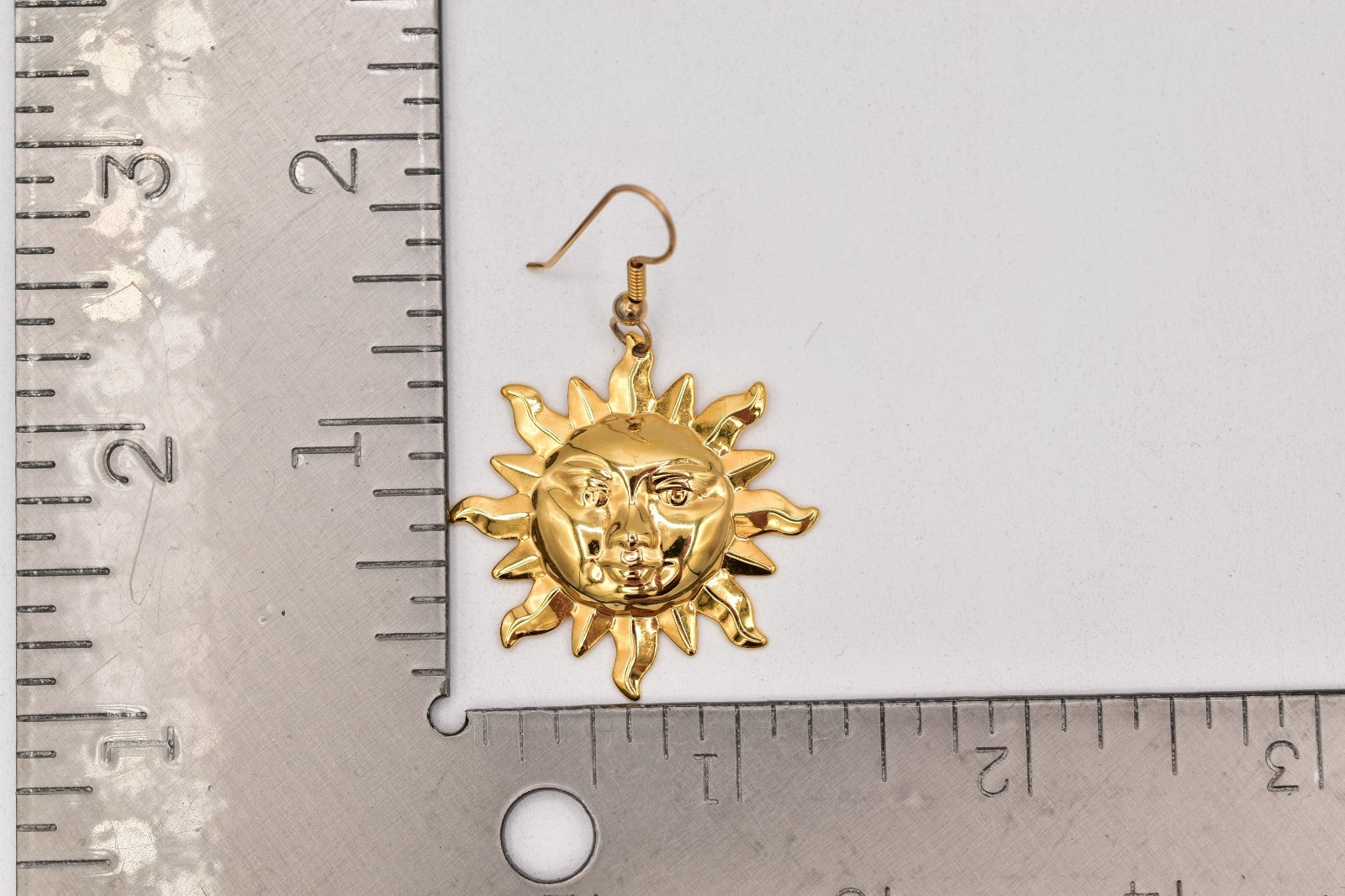 Vintage Gold Sun Face Dangle Earrings Celestial Drop Pierced Shiny 1980s BinAO