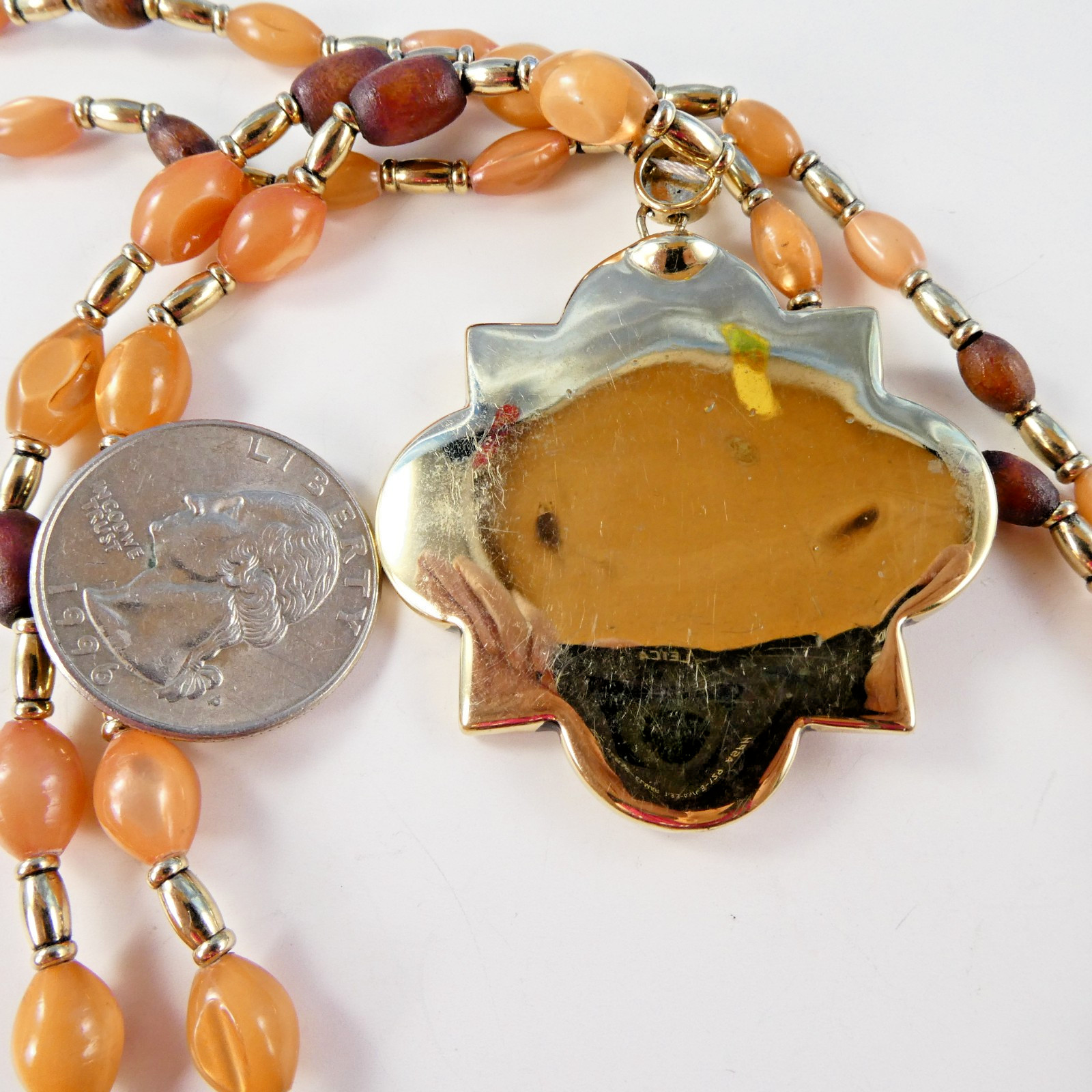 Pretty MONET Fancy Beaded Pendant Necklace Gold Tone 30″ Peach Brown Colors