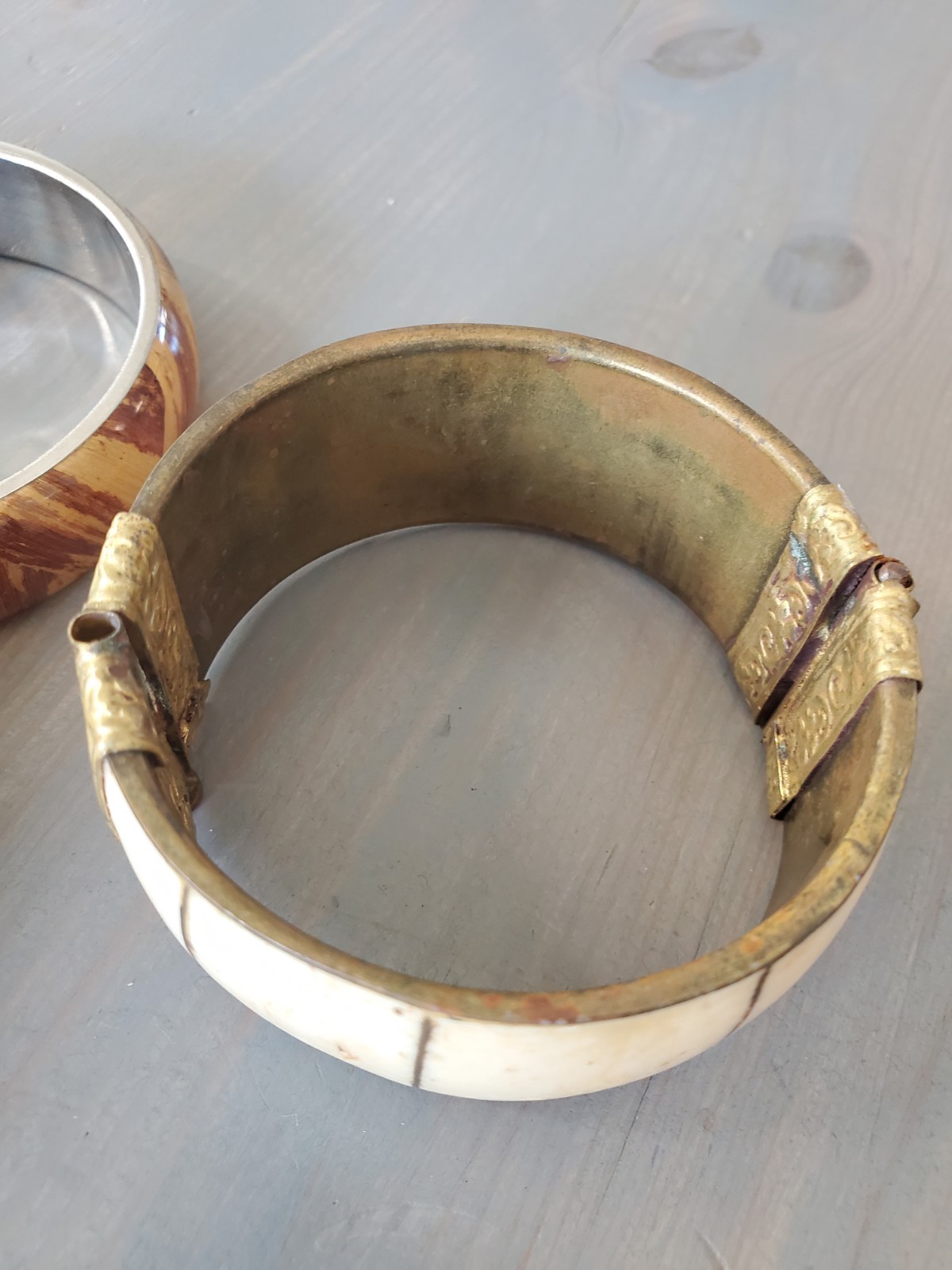 Lot Of Vintage Bangle Bracelets. Brass And Bone. Lucite And Wood.