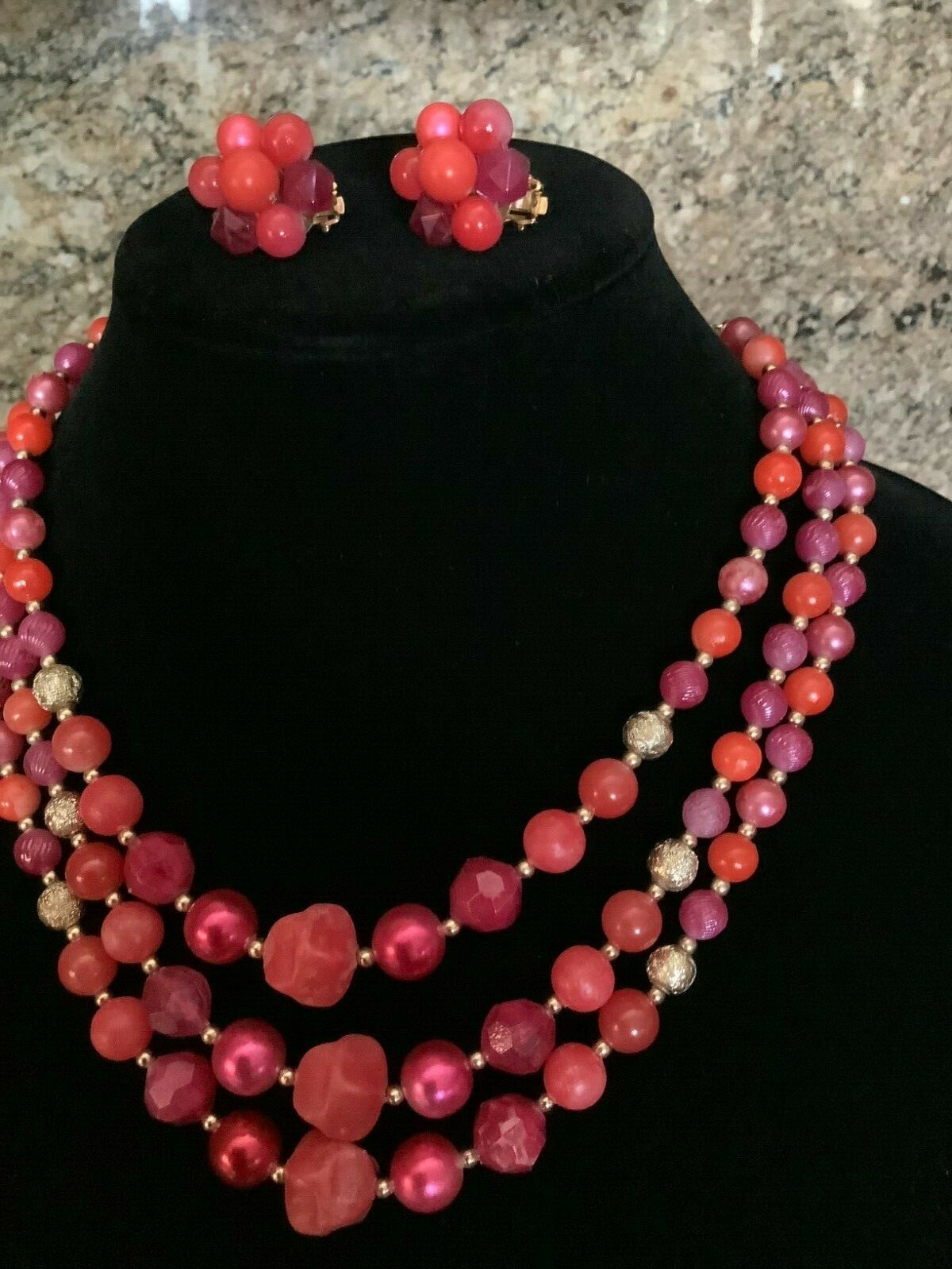 Triple Strand Vintage Pink Beads, Different shapes and tones