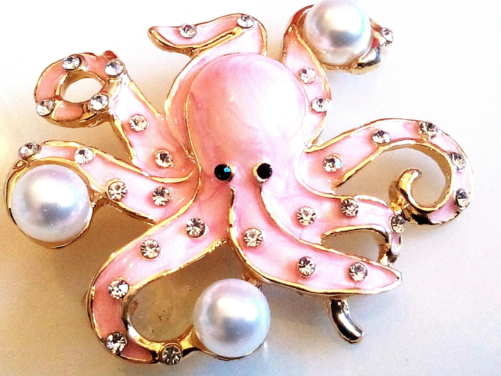 ENAMELED OCTOPUS BROOCH/PENDANT! Pink Enameled, Clear Crystals, Imitation Pearls