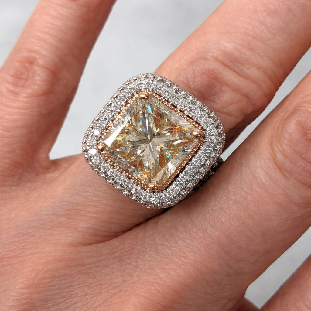 14K White Gold Finish Halo Ring 5Ct Princess Cut Champagne Moissanite Diamond