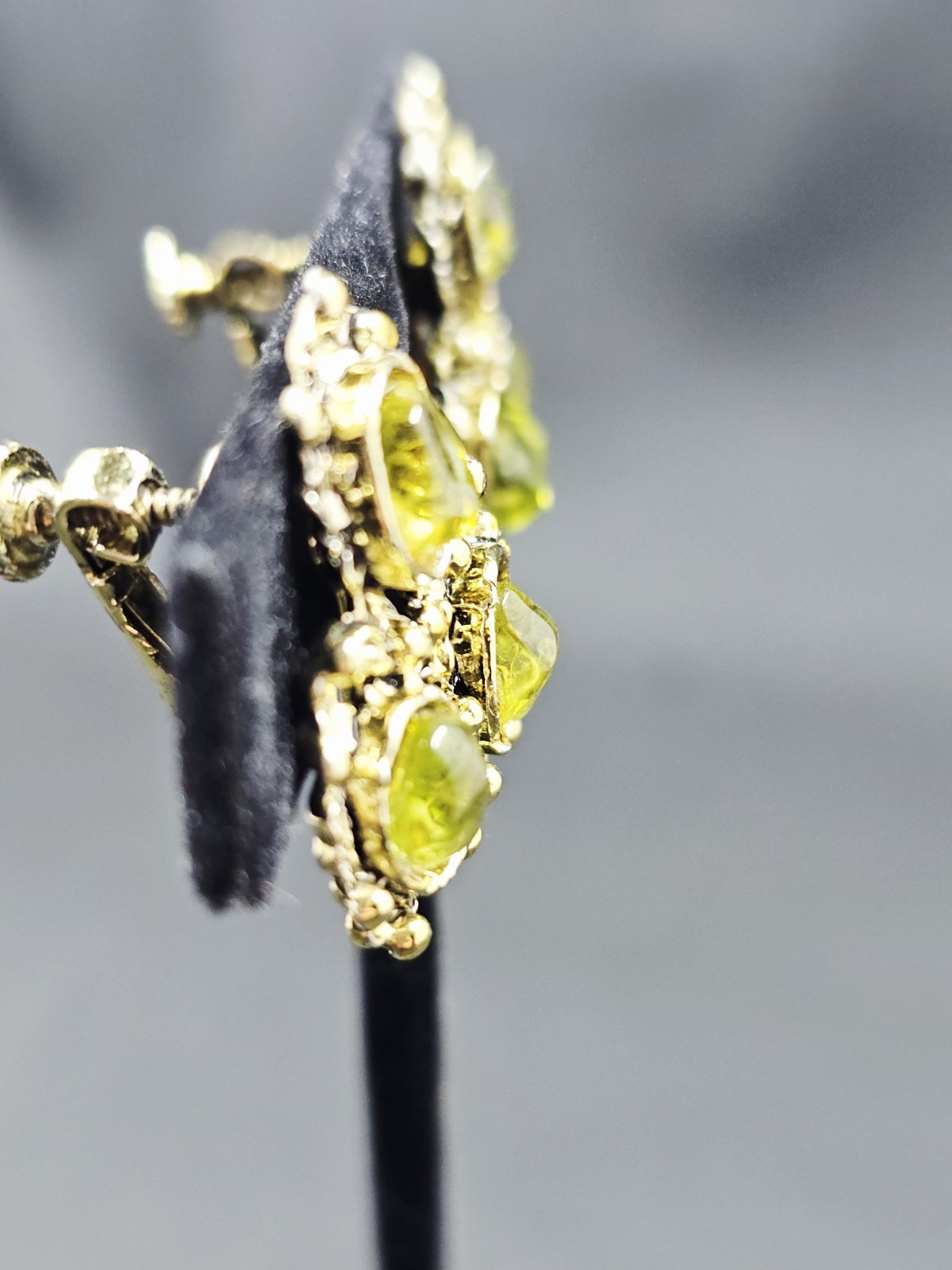 Vintage Goldtone Green Glass Climber Adjustable Clip-On Earrings, 1″