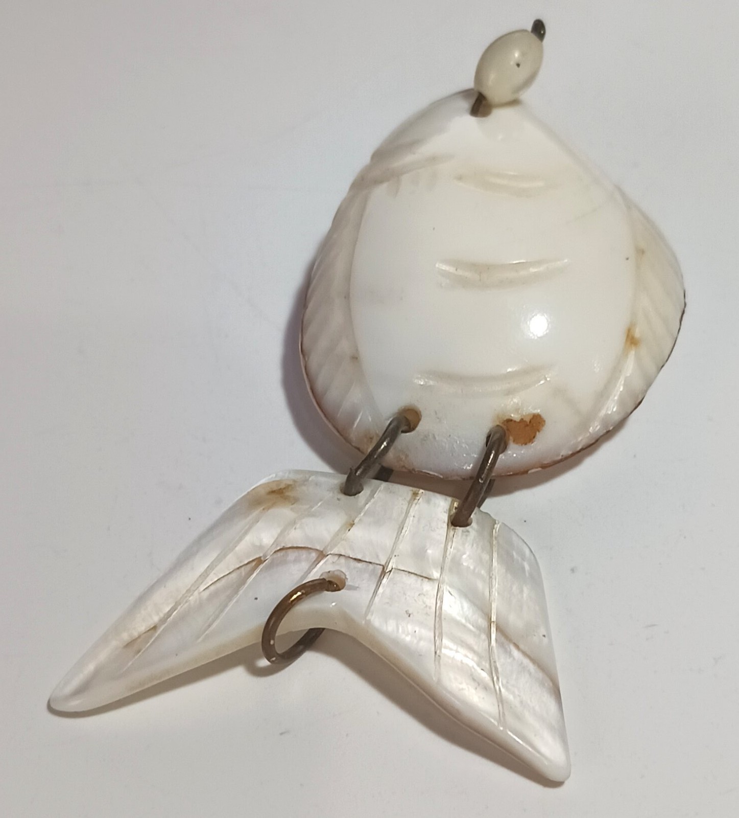 Vintage Large Articulated Fish Pendant Made of Carved Shells & Wire