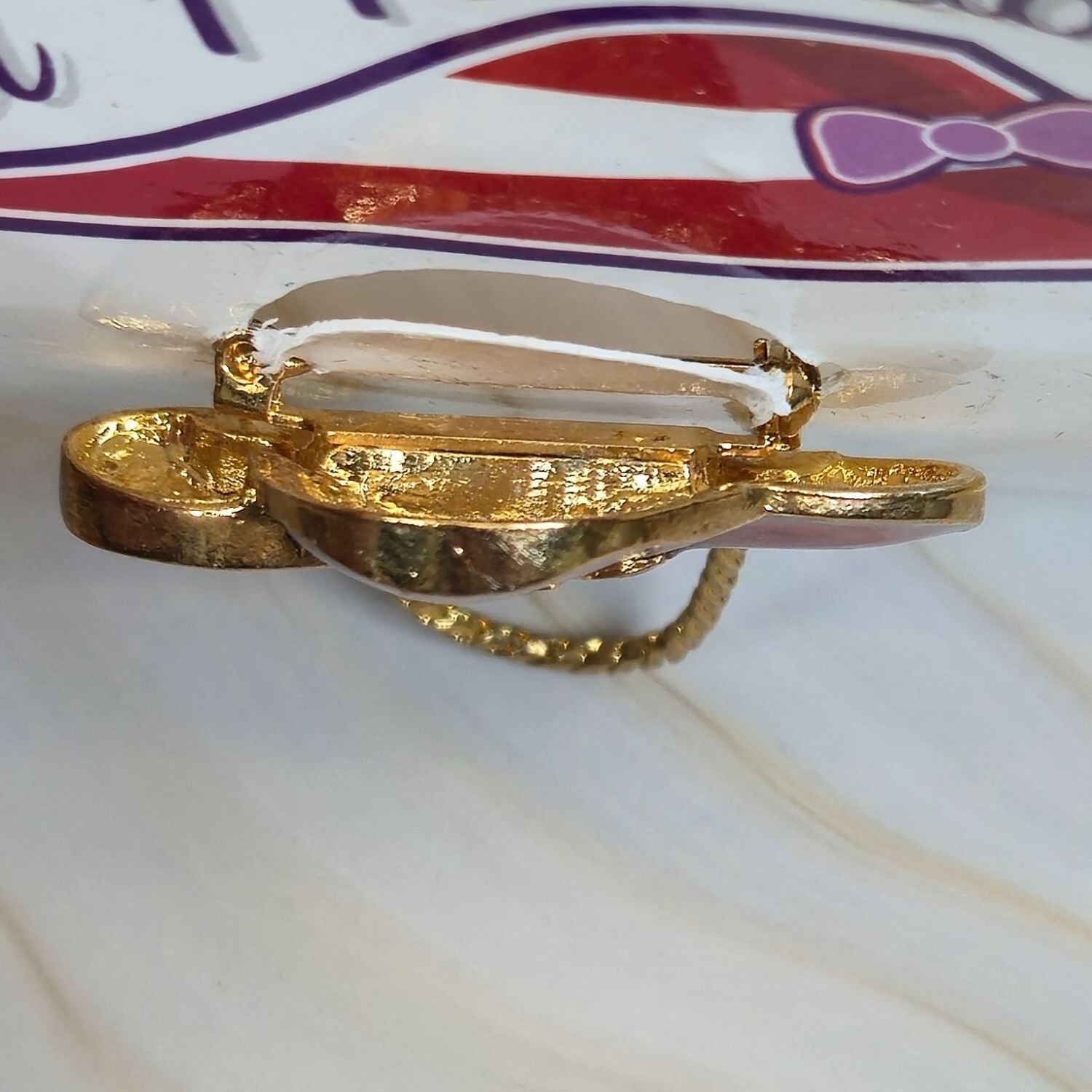 NEW 18K Gold Red Hattitude hat Society Eyeglass Holder Pin Brooch Vintage NOS