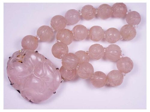 Antique Chinese Circa 1920s Sterling Carved Rose Quartz Beads Pendant Necklace