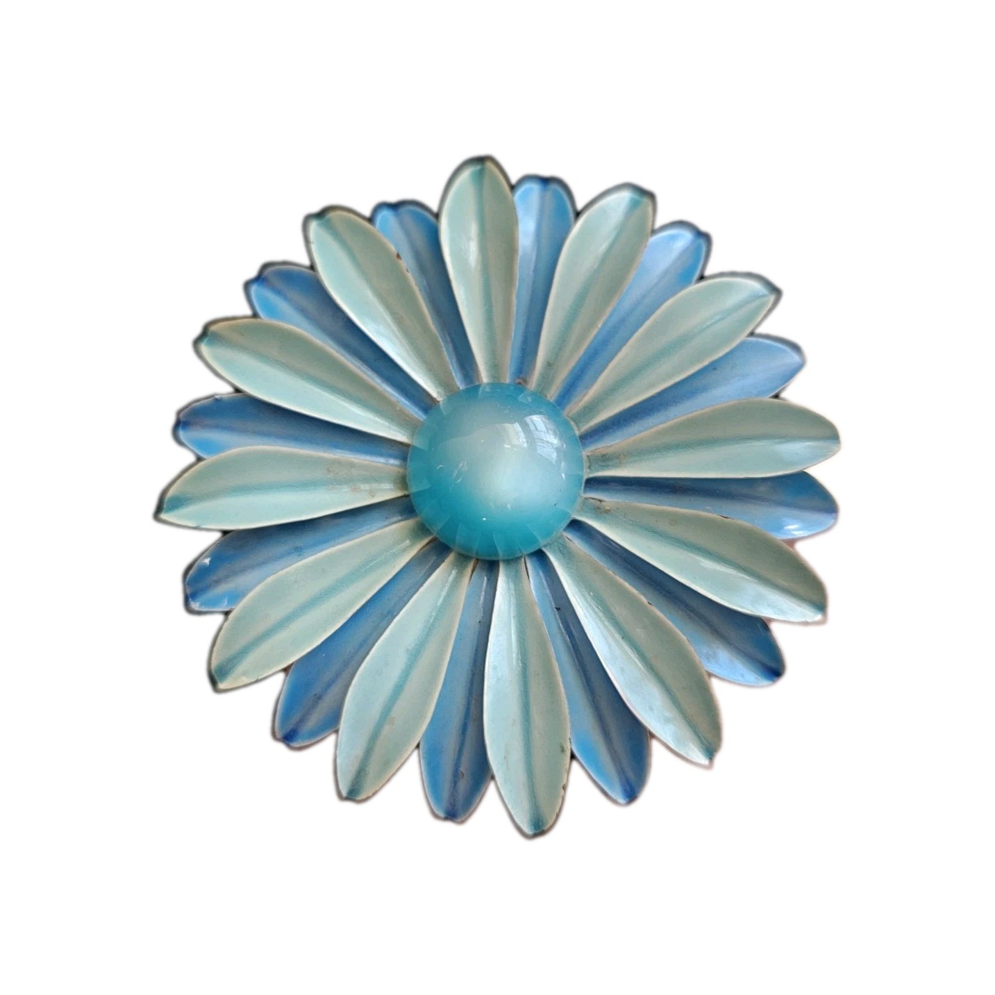 Mcm 3″ Brooch Blue Metal Enamel Flower Retro Daisy 3D Petals Statement Hippy