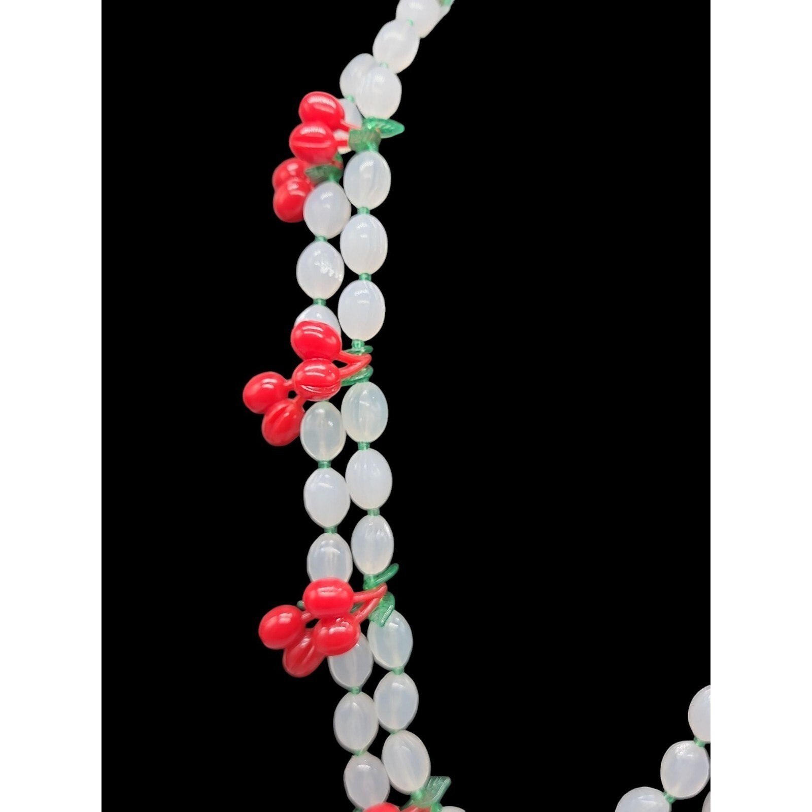 Lucite Cherry 34″ Necklace & 7″ Stretch Bracelet Red Cherries Translucent Beads
