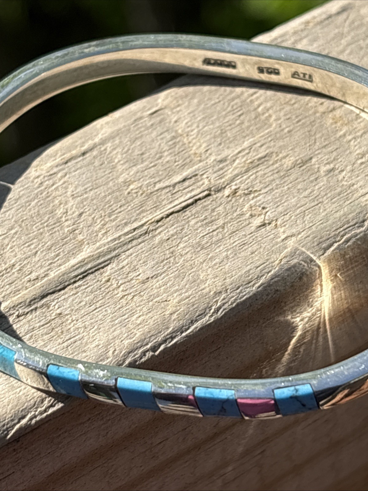 ATI Mexico 925 Sterling Silver Turquoise Hinged Bangle Bracelet Signed