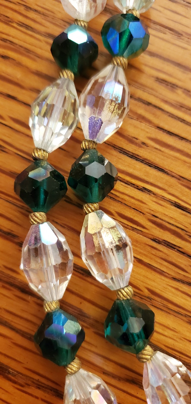 Vintage Emerald Green &Clear Aurora Borealis Double Strand Crystal Necklace set