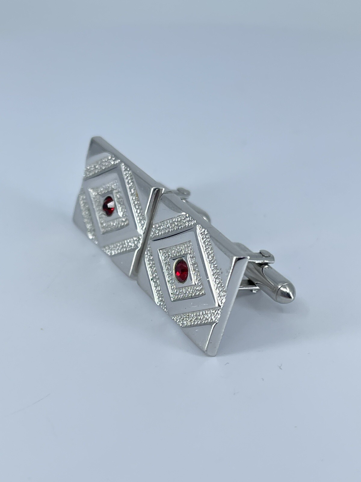 Swank rectangle cufflinks red rhinestone brushed polished silver tone