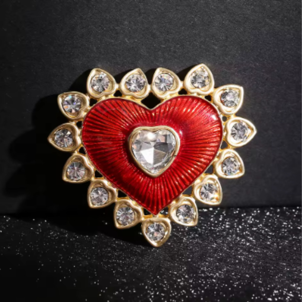 Valentine’s Day Red Rhinestone Crystal Heart Brooch Love Pin Women Jewelry Gift