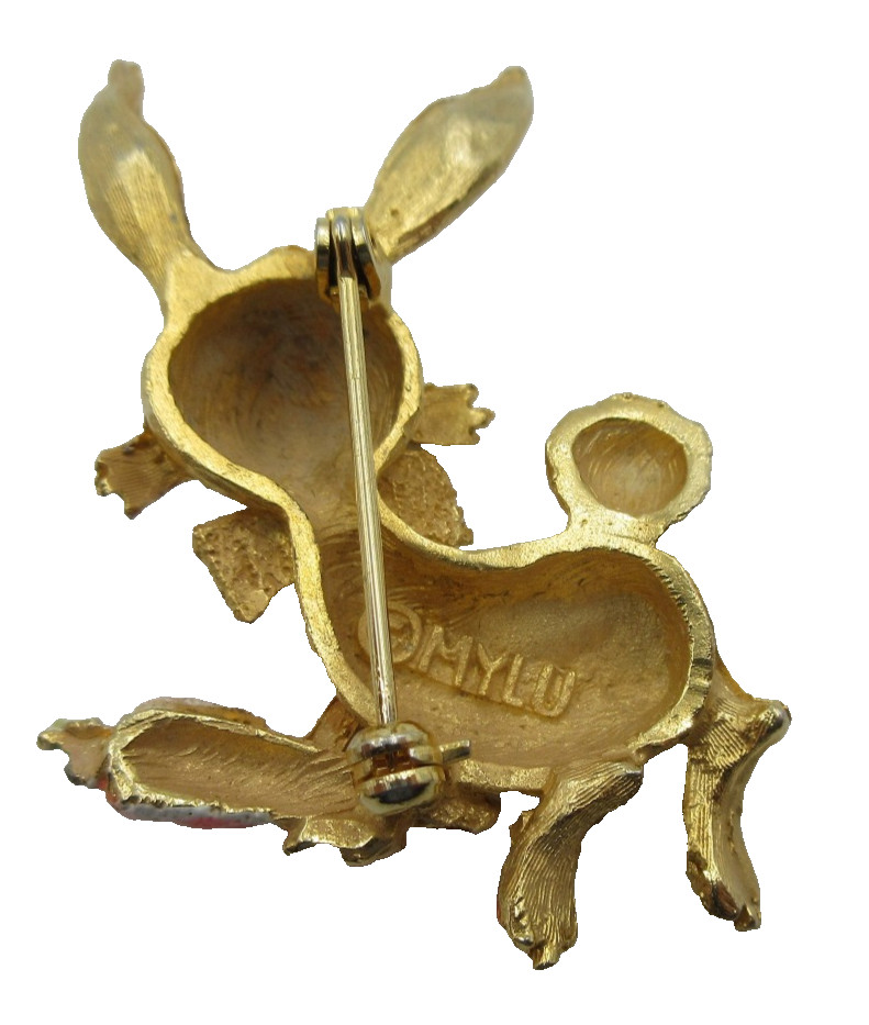 VTG MYLU gold tone 1 stone miss faux pearl EASTER BUNNY RABBIT CARROT BROOCH PIN