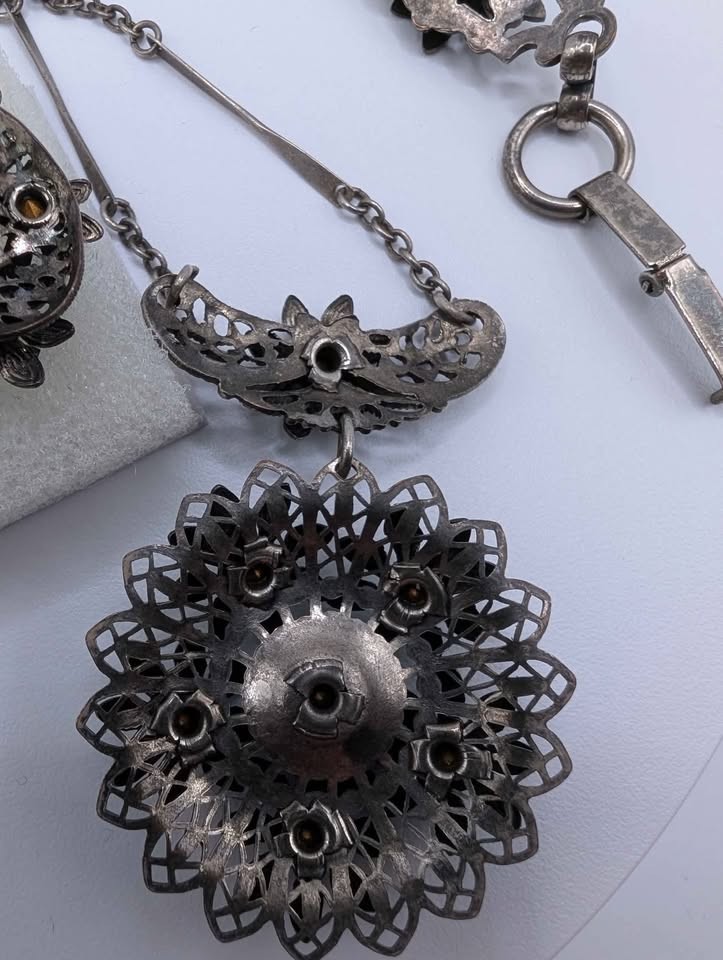 Antique Blue Flower Crystal Necklace, Bracelet and flower clip on earrings