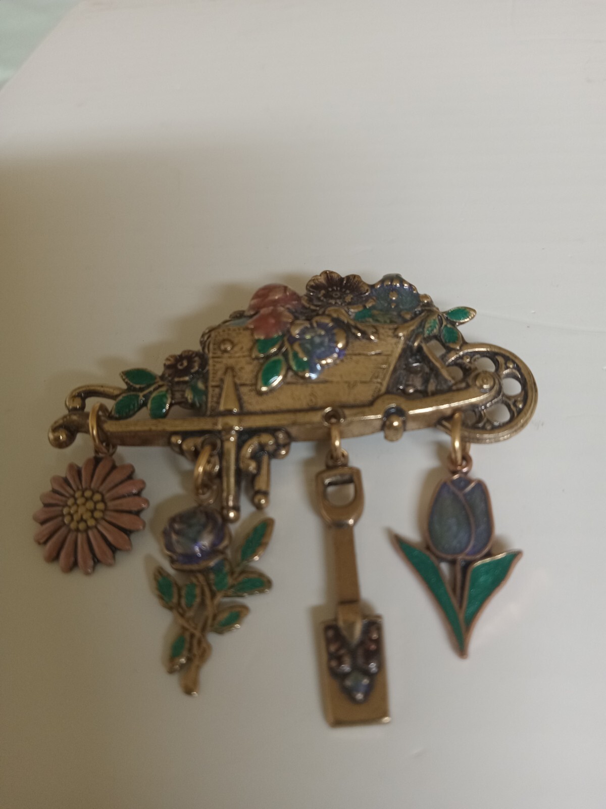 Gardener Brooch Gold-Toned Wheelbarrow Floral Pin with 4 Charms Gift Vintage