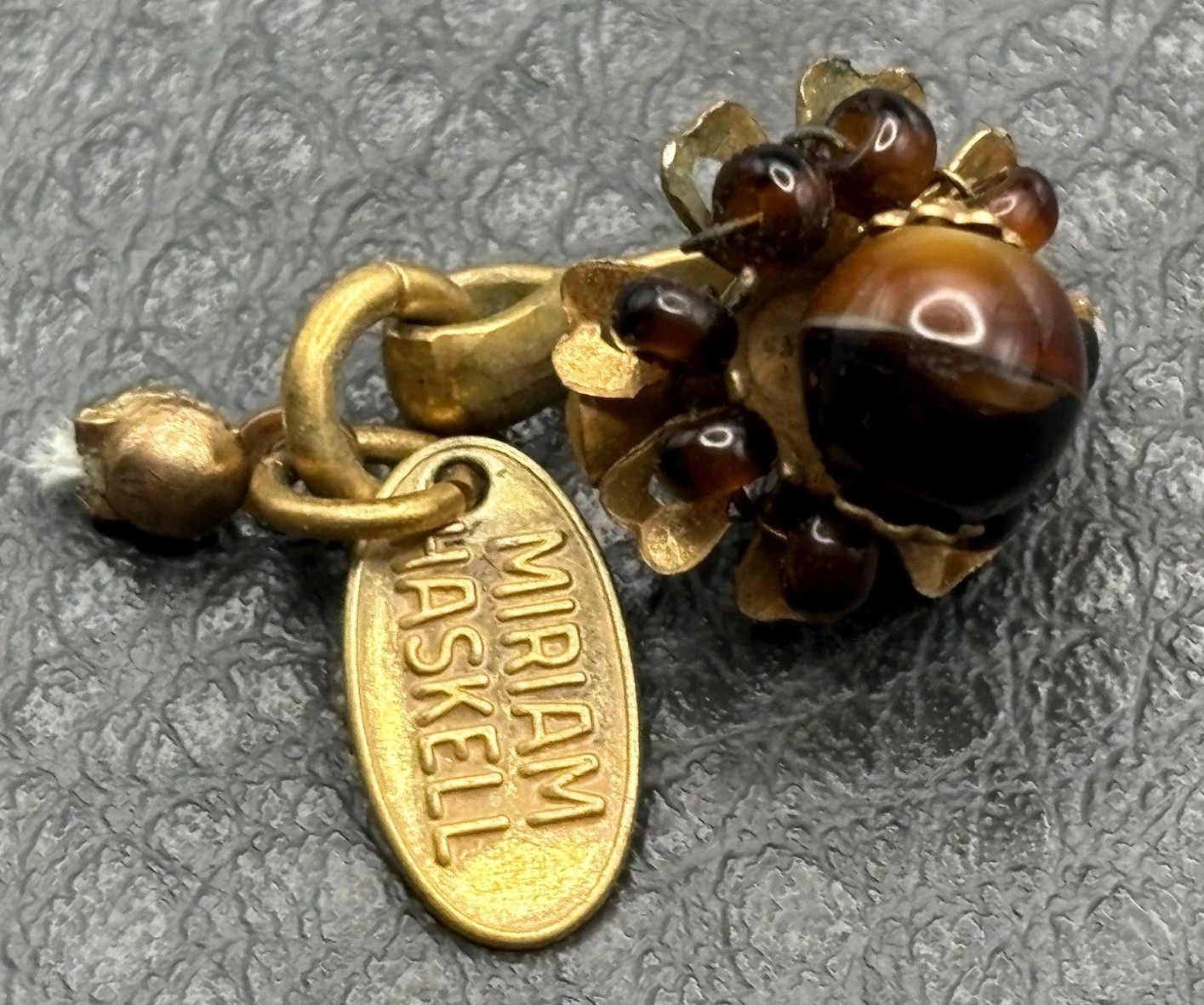 VTG Miriam Haskell Gold Tone Brown Bead Cluster Hook Clasp Tag For Repairs